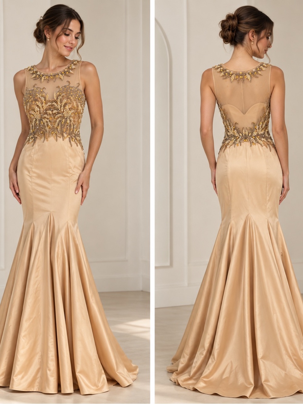 Champagne Gold Beaded Illusion Mermaid Gown XS – Pearl Crystal Formal Dress